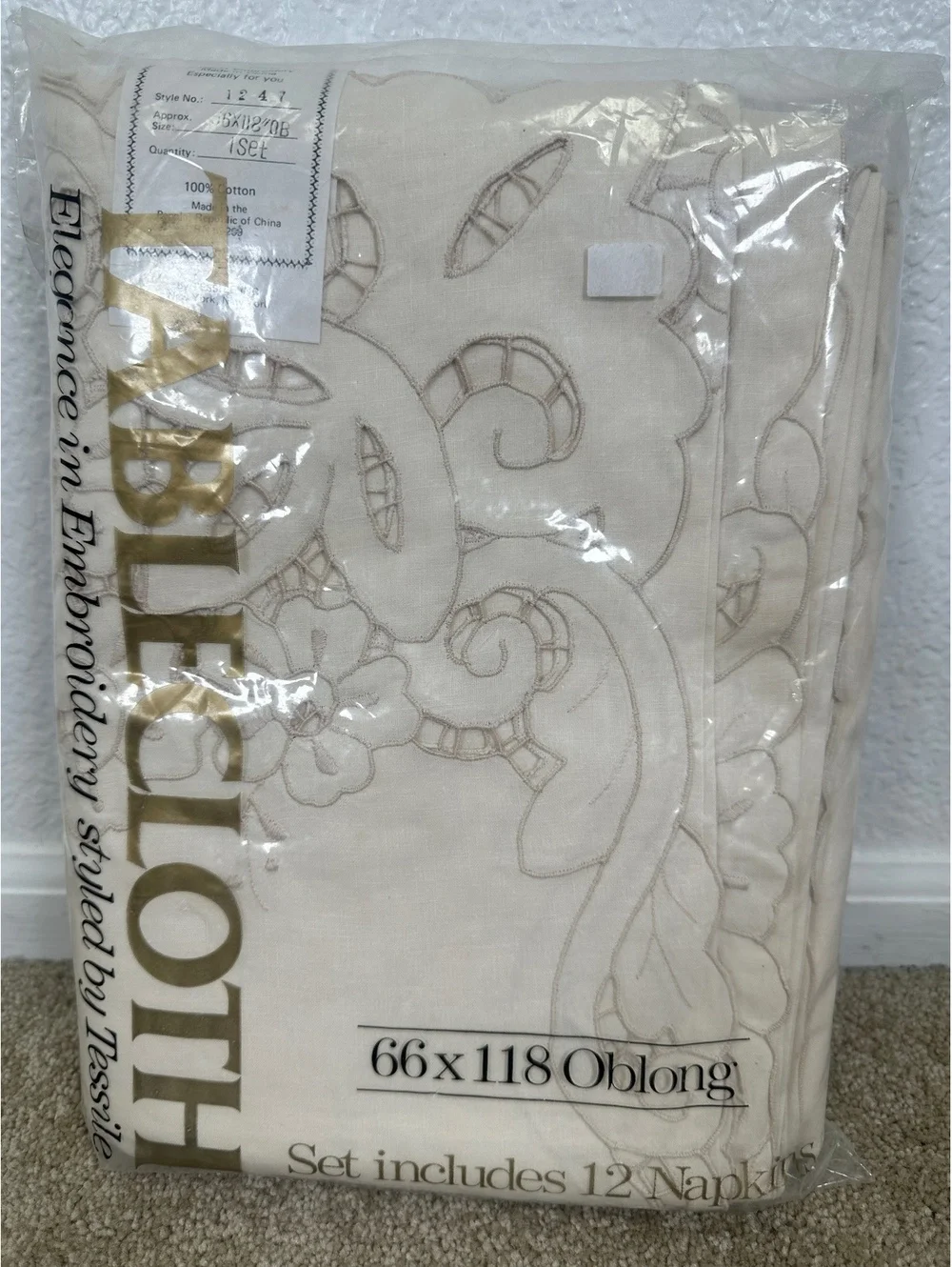VTG New Tablecloth 66X118 Oblong Ecru Cutwork 12 Napkins Cotton Embroidered